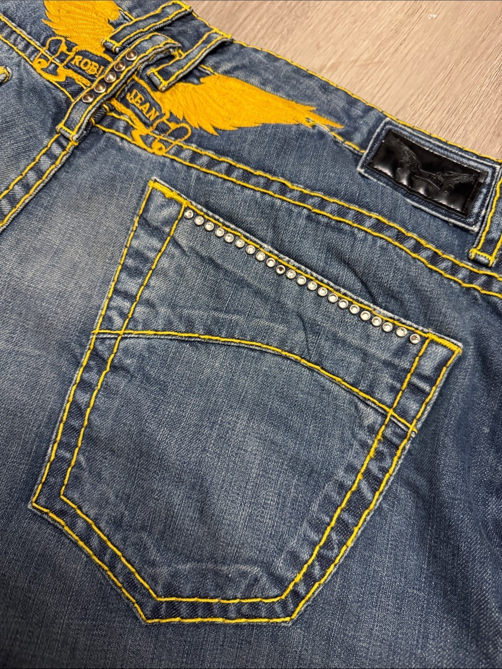Robin's Jean Dark Blue Denim Jeans with Yellow Wing Detail
